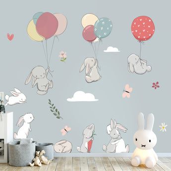 Cute Bunny with Balloons Nursery Wall Stickers / Decals - Childrens Bedroom, Rabbit Mural, New Baby, Kids Bedroom
