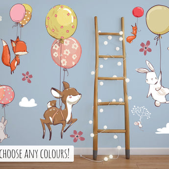 Cute Woodland Animals Balloons Nursery Wall Stickers / Decals - Childrens Bedroom, Forest Baby Mural, New Baby, Kids Bedroom - Fireflies Designs