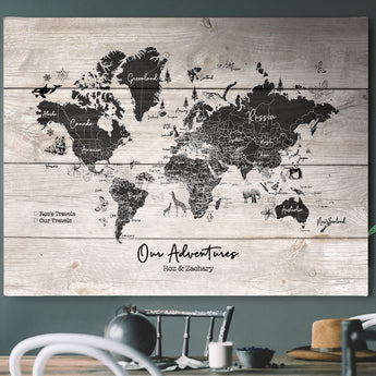 Personalised WORLD Detailed Travel Map Pin Board- With Animals