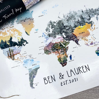 Personalised Scratch Off Map Hand drawn Watercolour World Atlas