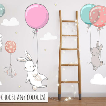 Cute Bunny with Balloons Nursery Wall Stickers / Decals - Childrens Bedroom, Rabbit Mural, New Baby, Kids Bedroom