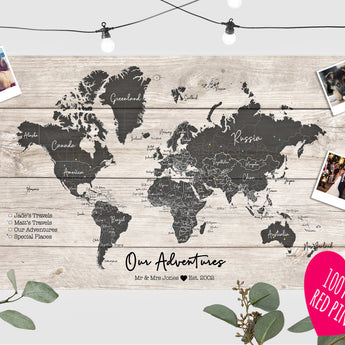 Personalised WORLD Detailed Travel Map Pin Board- Without Animals