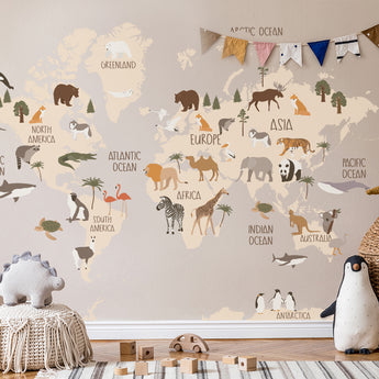 Removable Map Atlas World Animal Peel and Stick Wallpaper- Elephant Giraffe Parrot Nursery Wallpaper Tiger Temporary