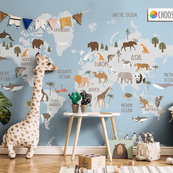Removable Map Atlas World Animal Peel and Stick Wallpaper- Elephant Giraffe Parrot Nursery Wallpaper Tiger Temporary