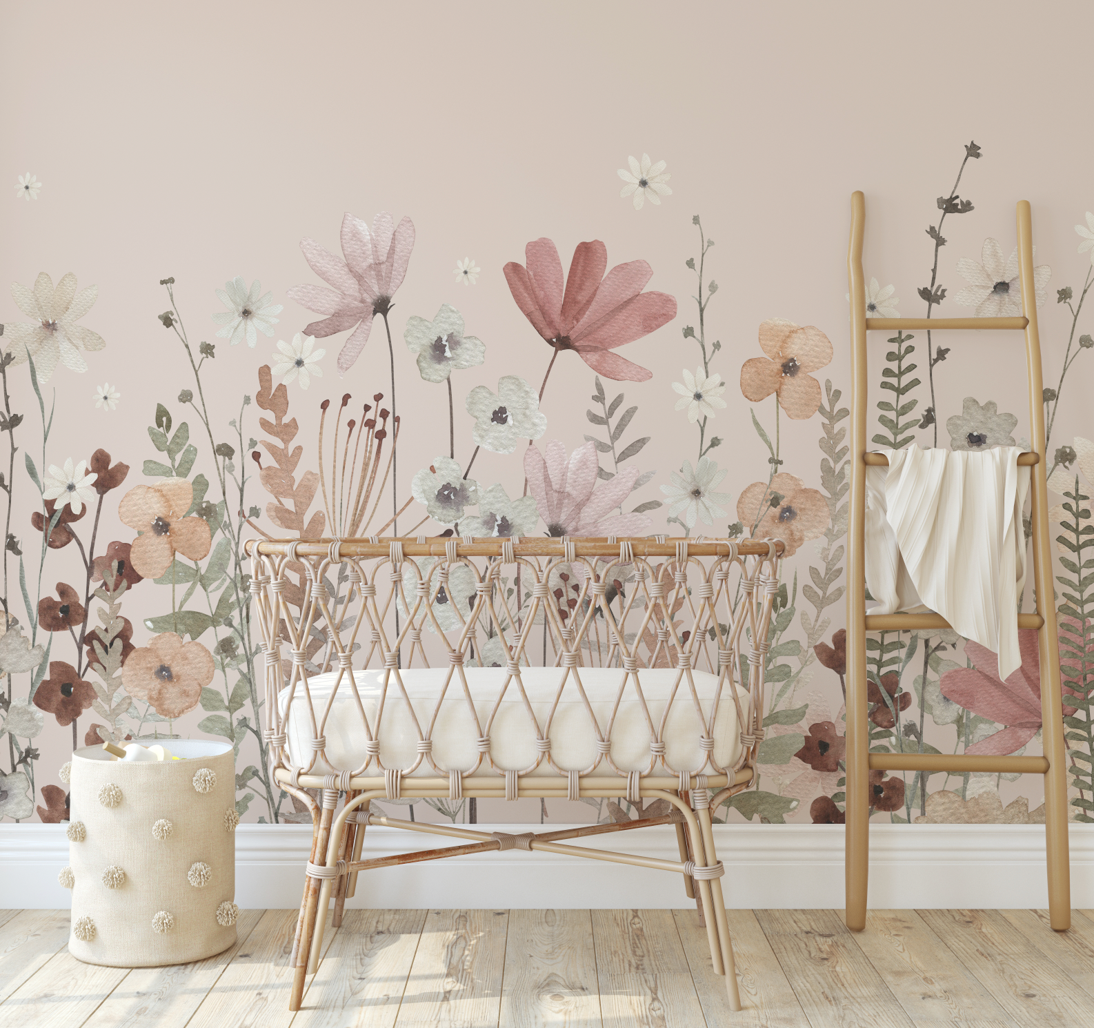 Autumn Blush Wildflower Burst Mural - Peel and Stick and Traditional Wallpaper Wall Mural - nursery neutral beige, blush Meadow Flowers Peel and Stick Wall Mural - blush nursery neutral