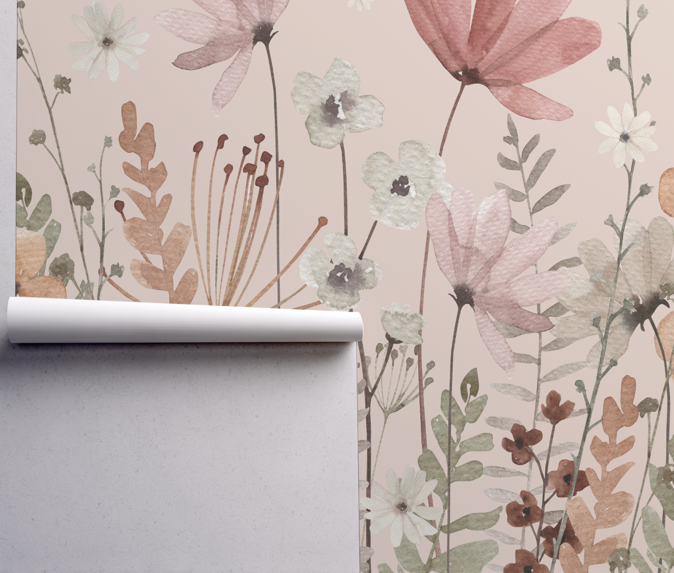 Autumn Blush Wildflower Burst Mural - Peel and Stick and Traditional Wallpaper Wall Mural - nursery neutral beige, blush Meadow Flowers Peel and Stick Wall Mural - blush nursery neutral1