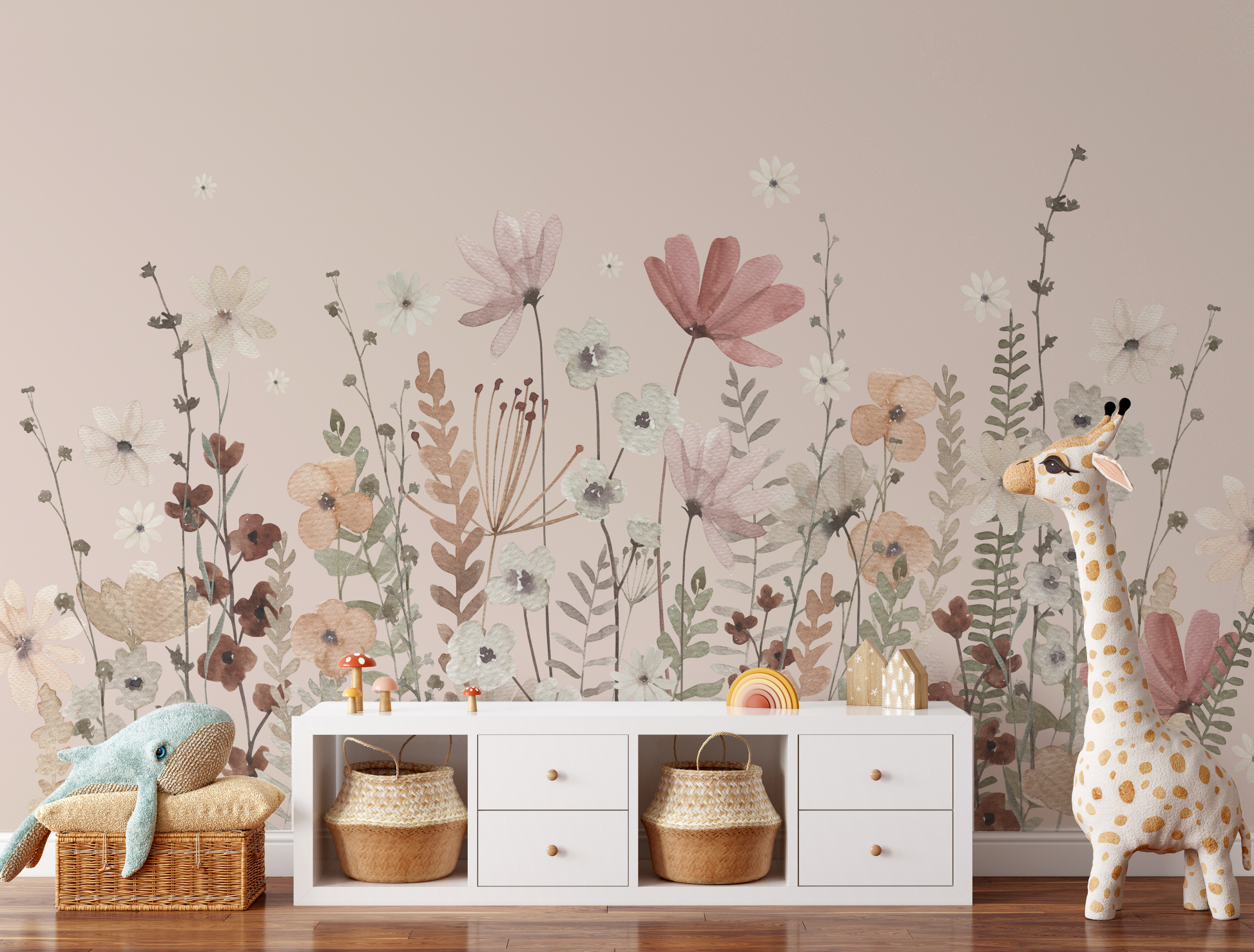 Autumn Blush Wildflower Burst Mural - Peel and Stick and Traditional Wallpaper Wall Mural - nursery neutral beige, blush Meadow Flowers Peel and Stick Wall Mural - blush nursery neutral2