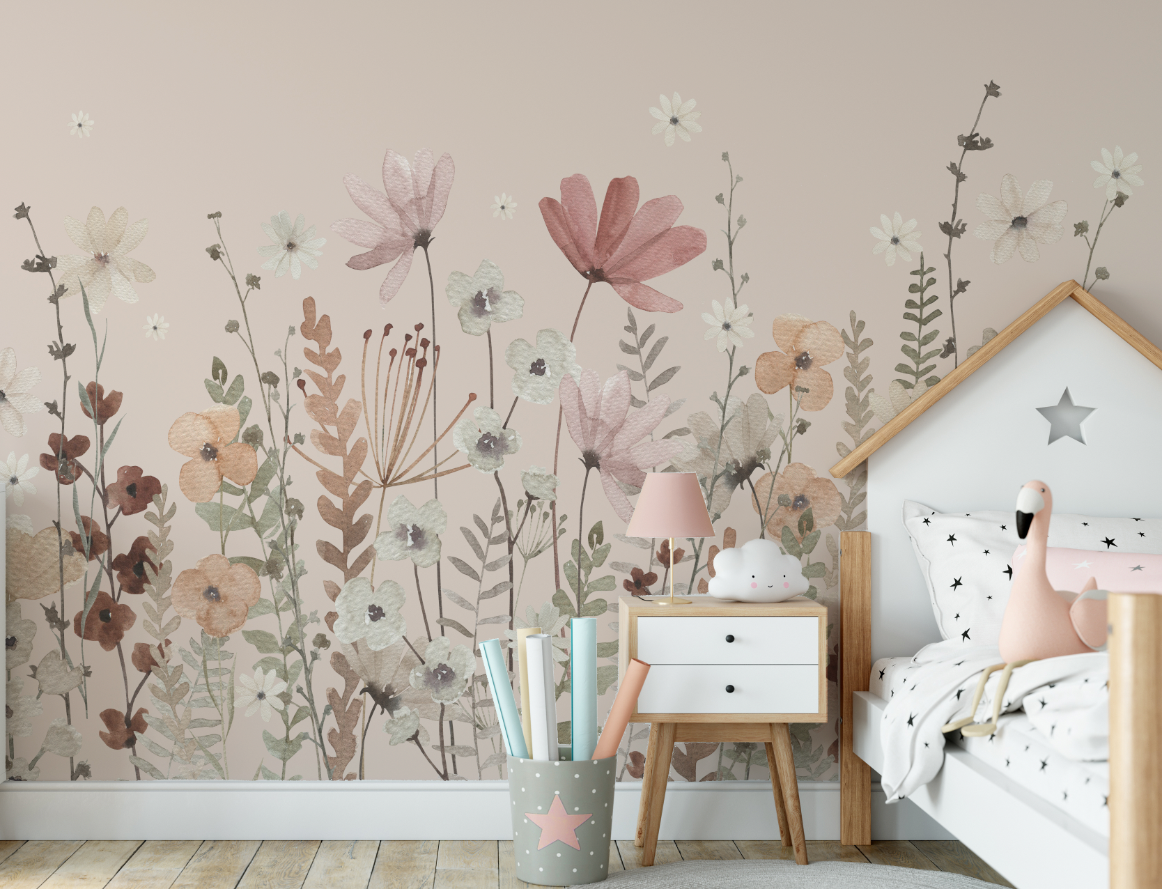 Autumn Blush Wildflower Burst Mural - Peel and Stick and Traditional Wallpaper Wall Mural - nursery neutral beige, blush Meadow Flowers Peel and Stick Wall Mural - blush nursery neutral4