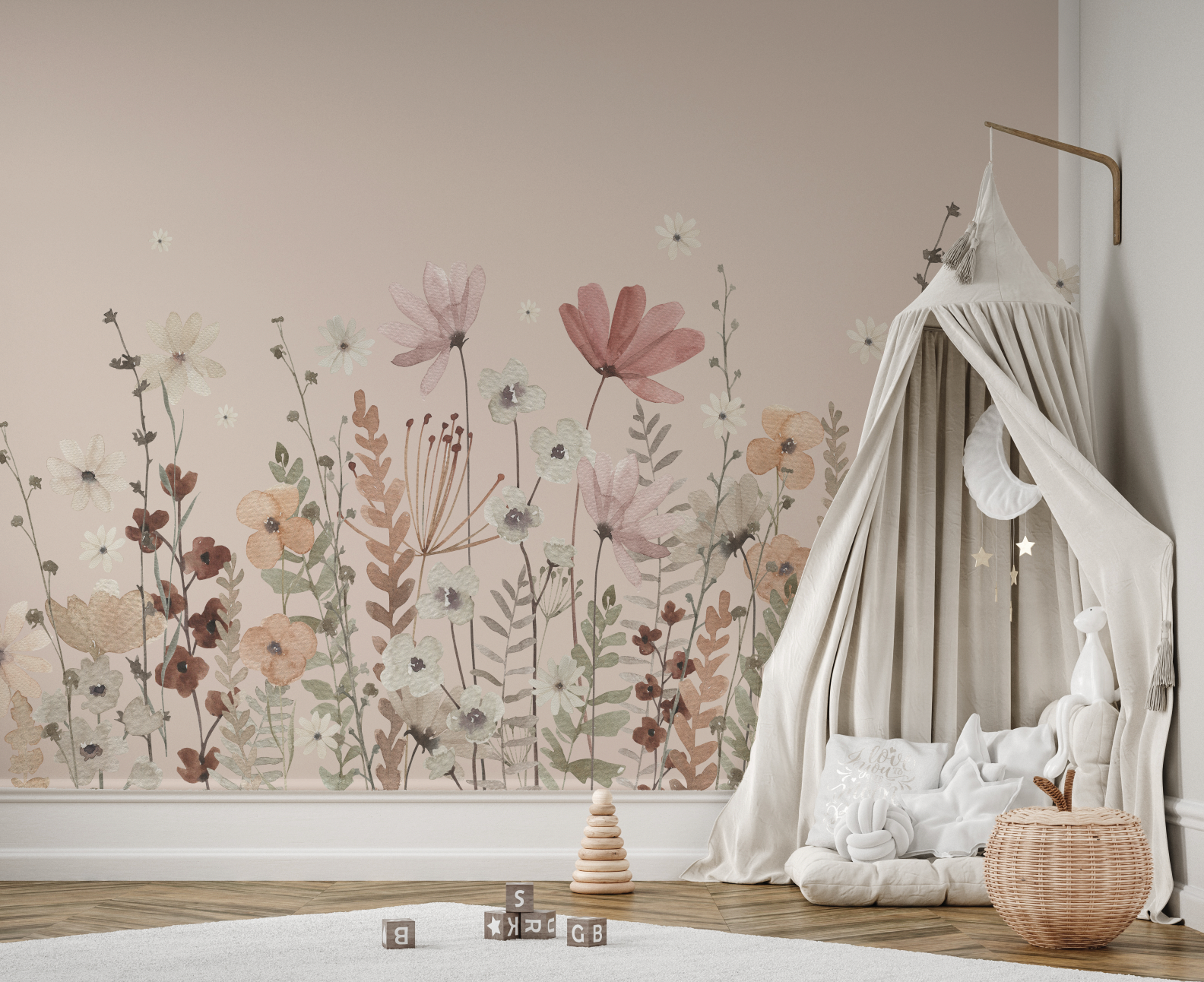 Autumn Blush Wildflower Burst Mural - Peel and Stick and Traditional Wallpaper Wall Mural - nursery neutral beige, blush Meadow Flowers Peel and Stick Wall Mural - blush nursery neutral 5