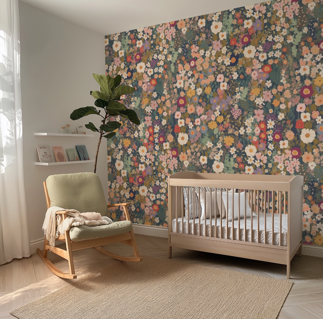 Autumn ditsy flowers - Retro Flower Pattern Wallpaper Mural - Removable Wall decor - Nursery, Baby Girl 4