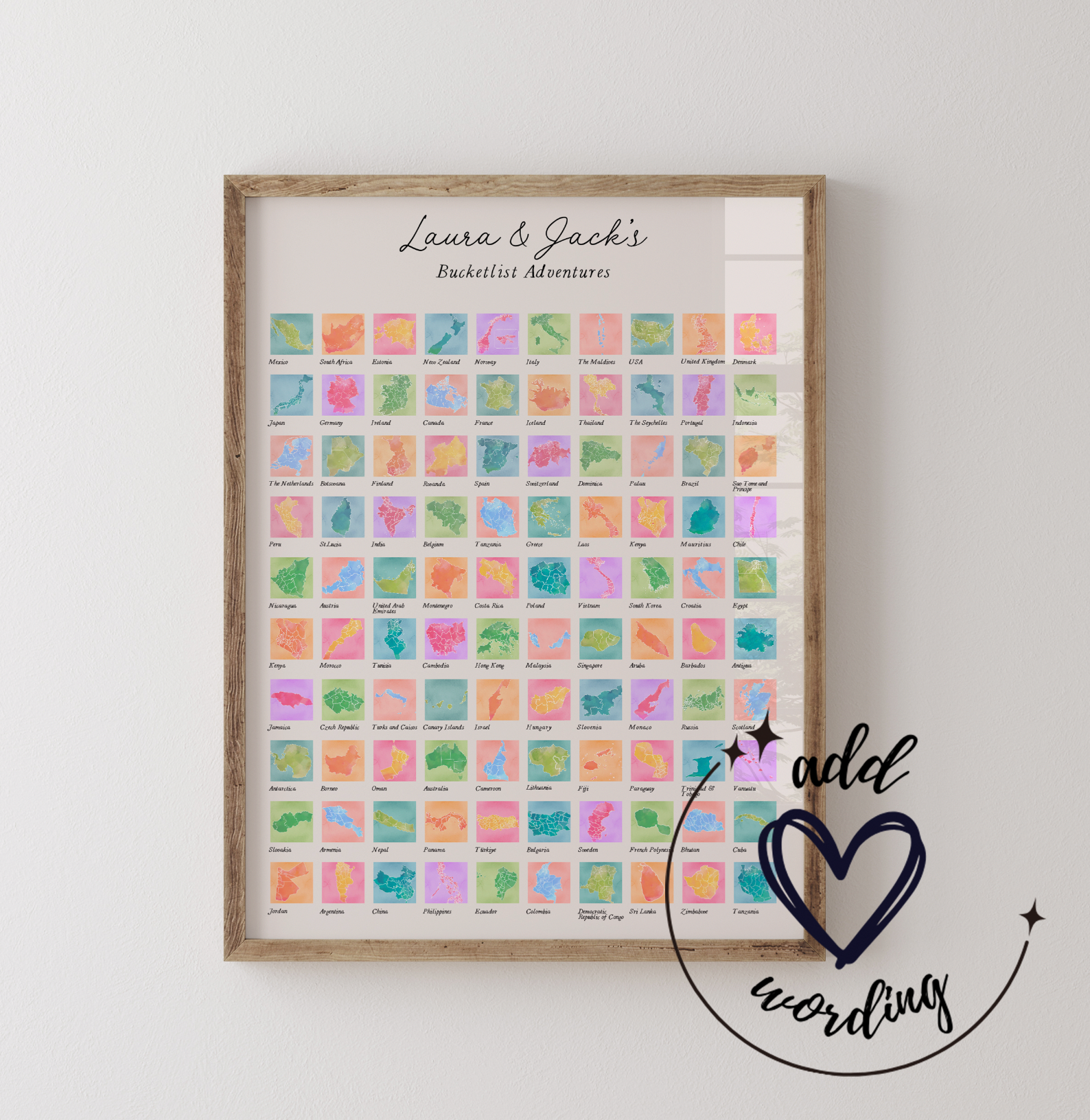 BUCKET LIST - Personalised Scratch Off Map Hand drawn Watercolour World Atlas - Colourful Bucketlist
