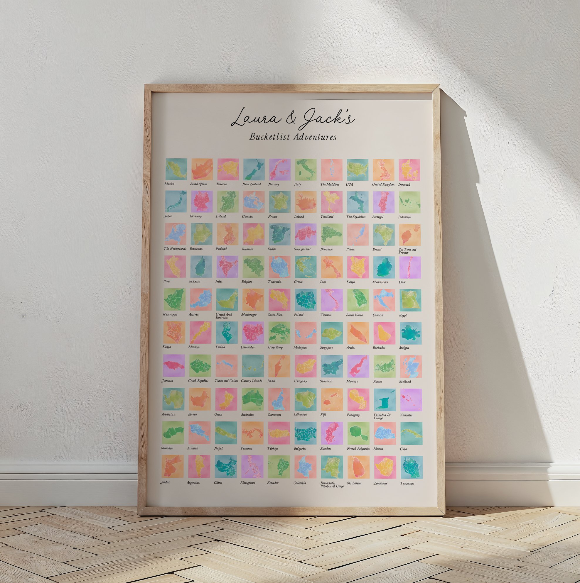 BUCKET LIST - Personalised Scratch Off Map Hand drawn Watercolour World Atlas - Colourful Bucketlist 3