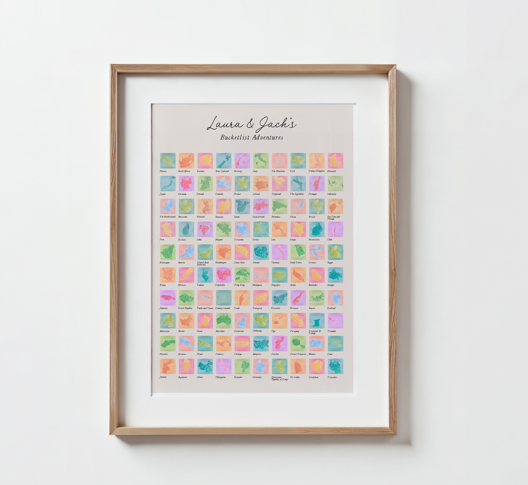 BUCKET LIST - Personalised Scratch Off Map Hand drawn Watercolour World Atlas - Colourful Bucketlist 45
