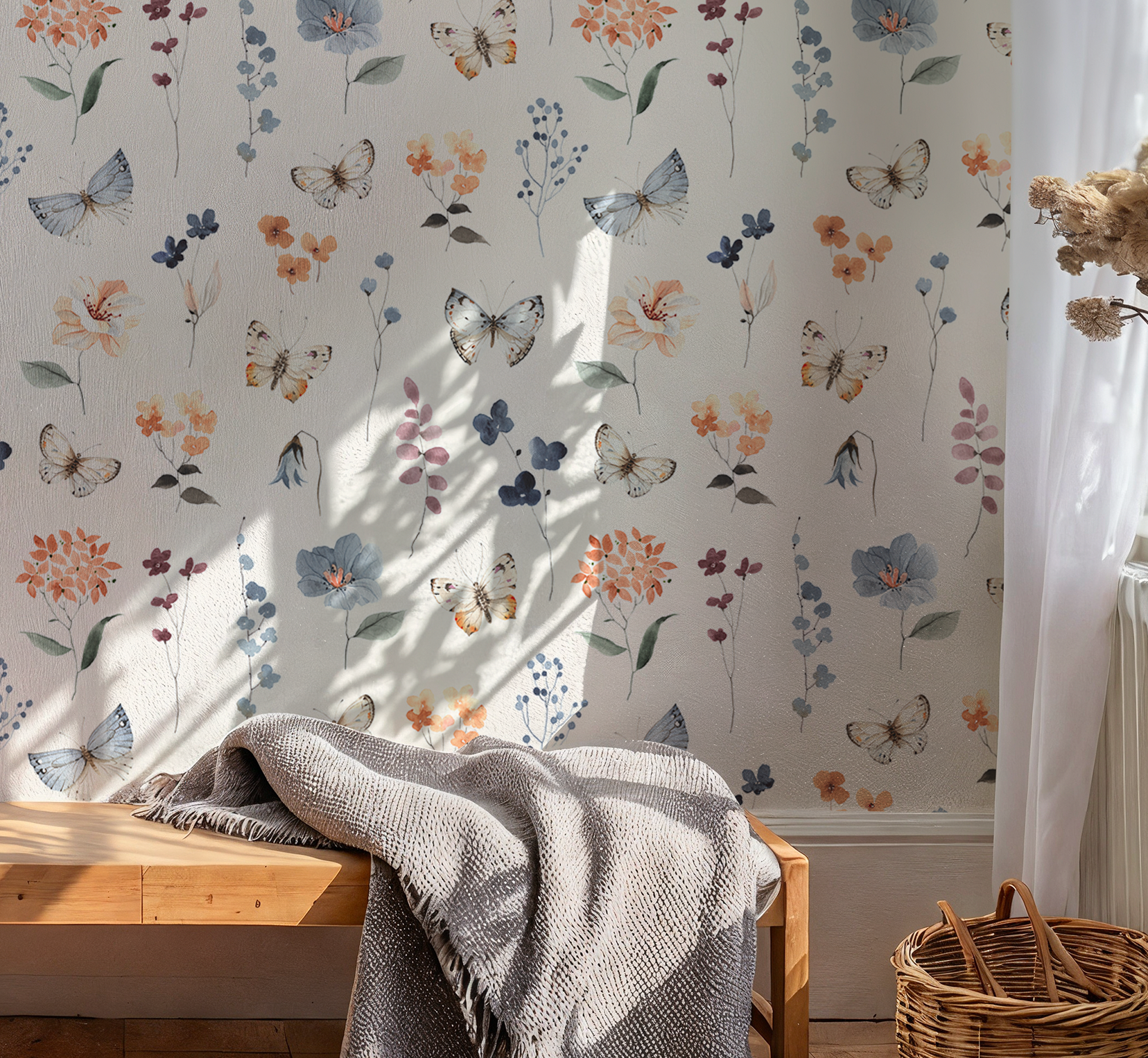 BUTTERFLIES AND BOTANICALS - Retro Flower Pattern Wallpaper Mural - Removable Wall decor - Nursery 5