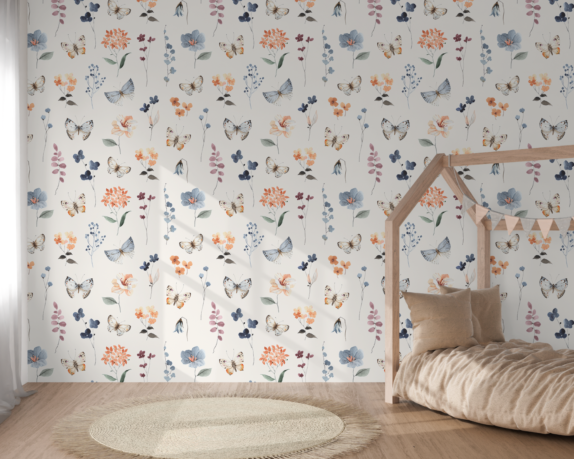 BUTTERFLIES AND BOTANICALS - Retro Flower Pattern Wallpaper Mural - Removable Wall decor - Nursery 7