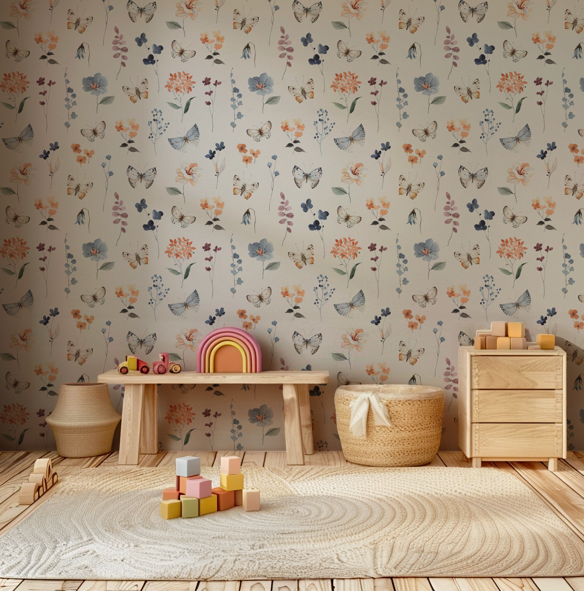 BUTTERFLIES AND BOTANICALS - Retro Flower Pattern Wallpaper Mural - Removable Wall decor - Nursery 9