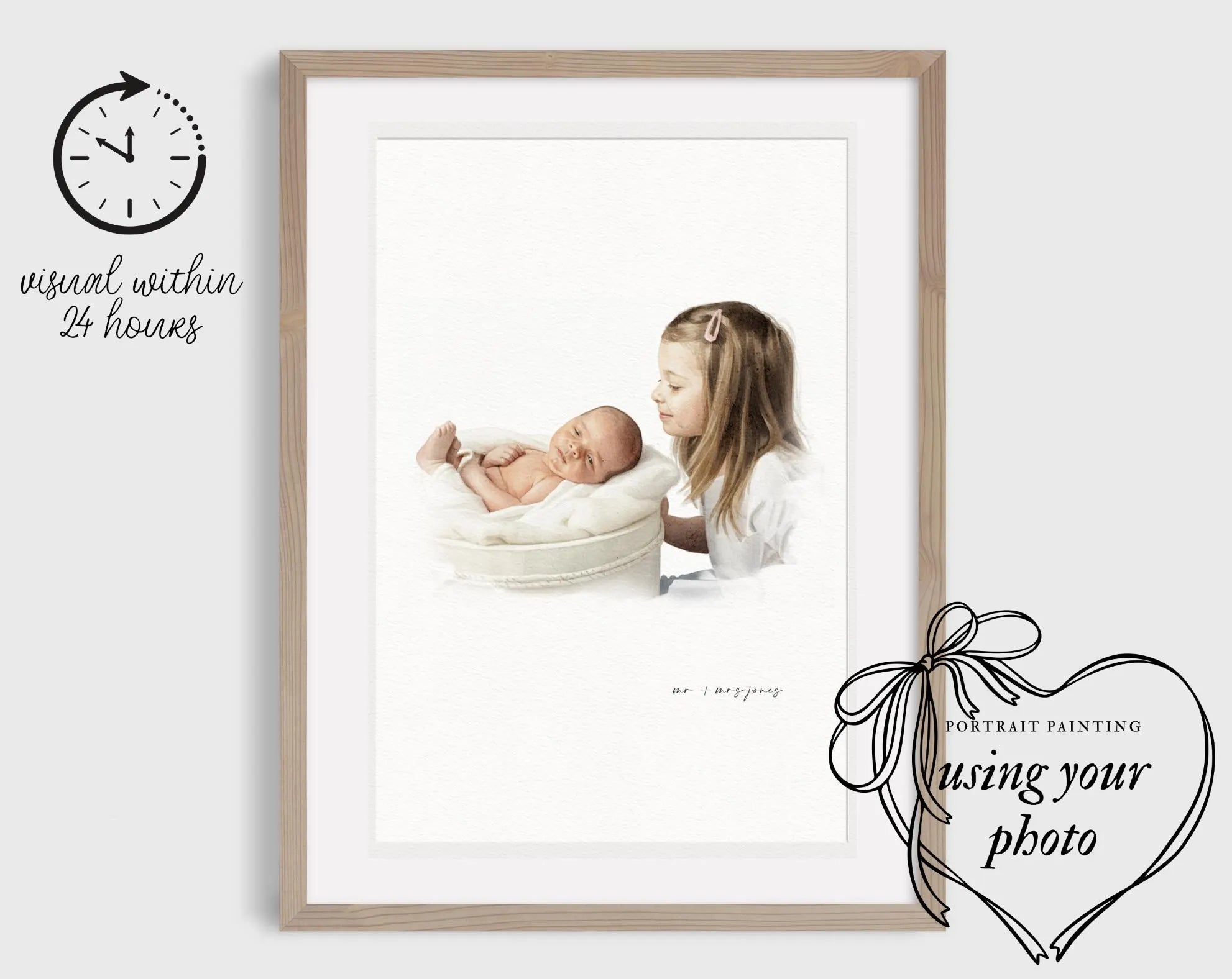 Custom Newborn Baby Children Portrait from photo - Hand-Drawn Illustration / Painting - Mothers day, Fathers day, Grandparents Gift