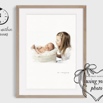 Custom Newborn Baby Children Portrait from photo - Hand-Drawn Illustration / Painting - Mothers day, Fathers day, Grandparents Gift