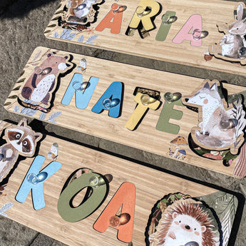Cute Forest Animal Children Name Puzzle | Personalised Gift | Baby Toddler, Natural Wooden, First Birthday Gift, Nursery Neutral Busy Board