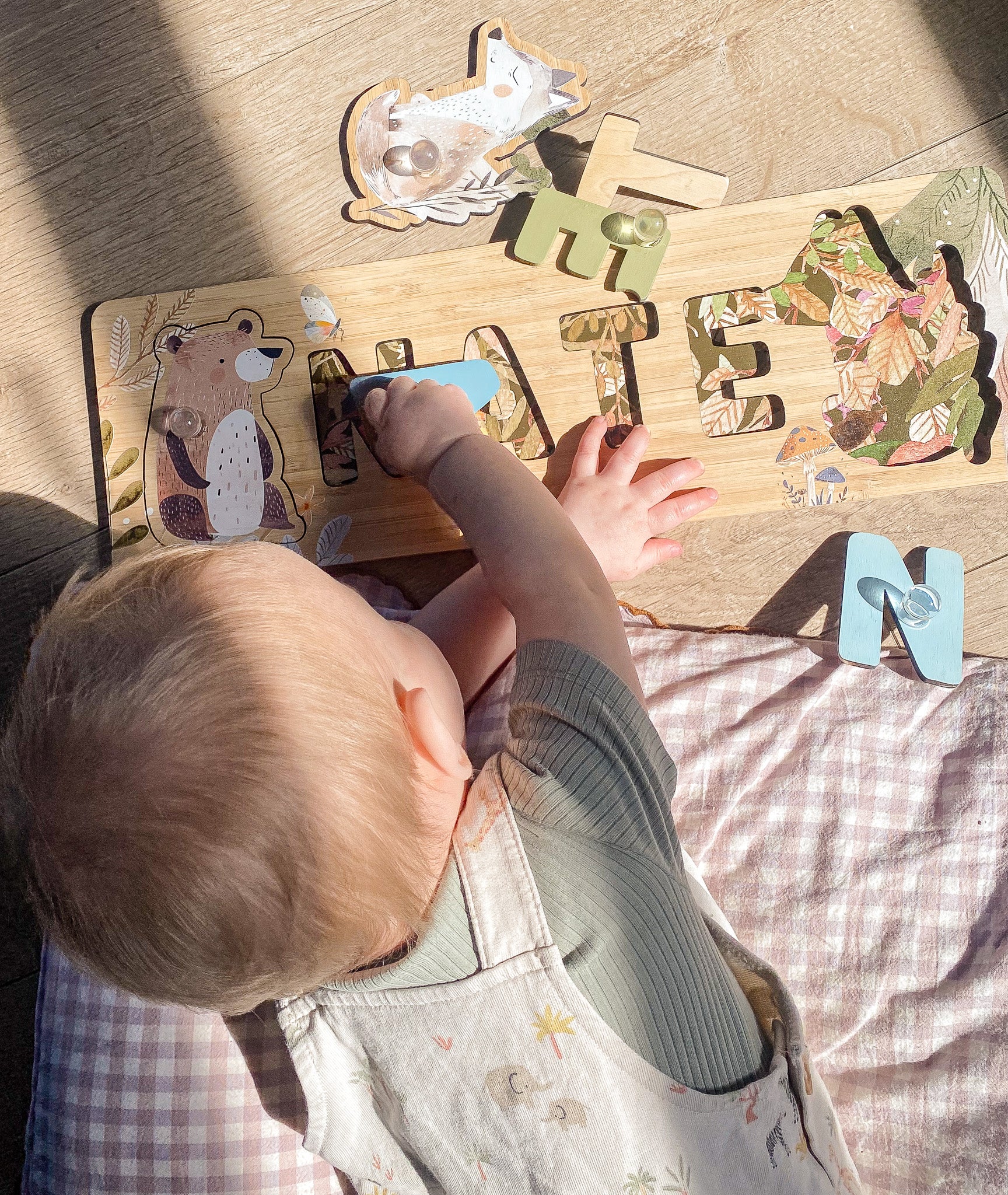 Cute Forest Animal Children Name Puzzle | Personalised Gift | Baby Toddler, Natural Wooden, First Birthday Gift, Nursery Neutral Busy Board 