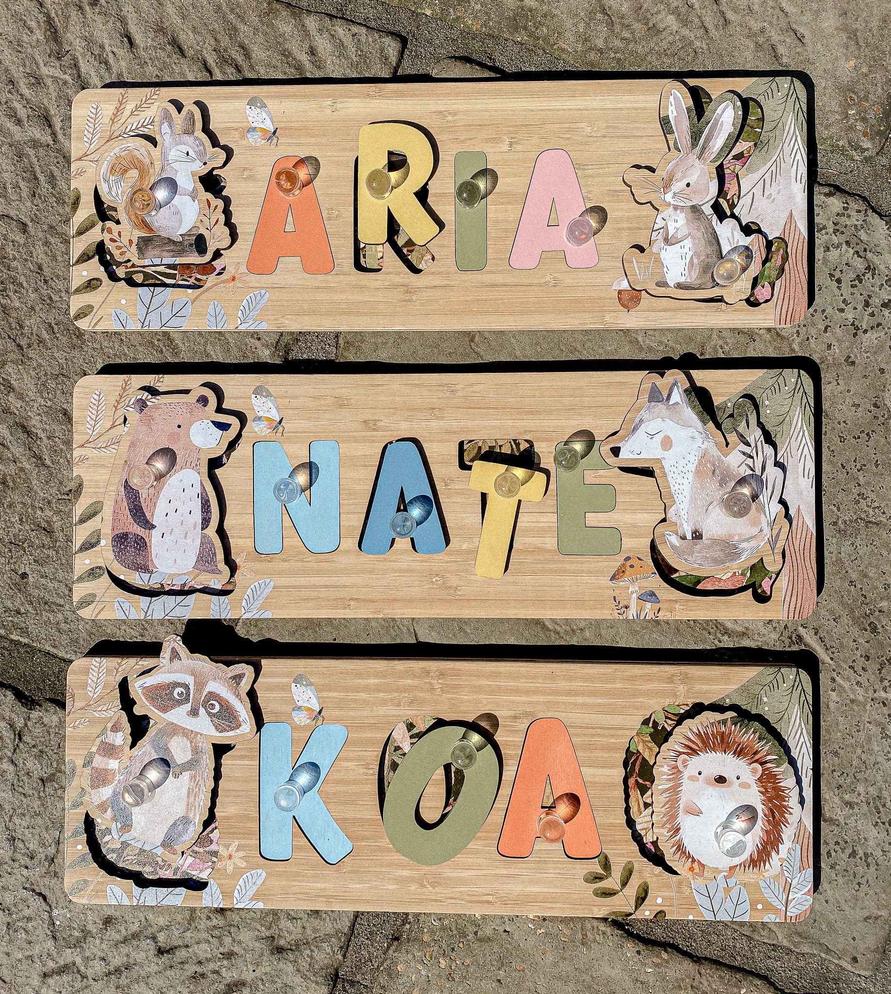 Cute Forest Animal Children Name Puzzle | Personalised Gift | Baby Toddler, Natural Wooden, First Birthday Gift, Nursery Neutral Busy Board
