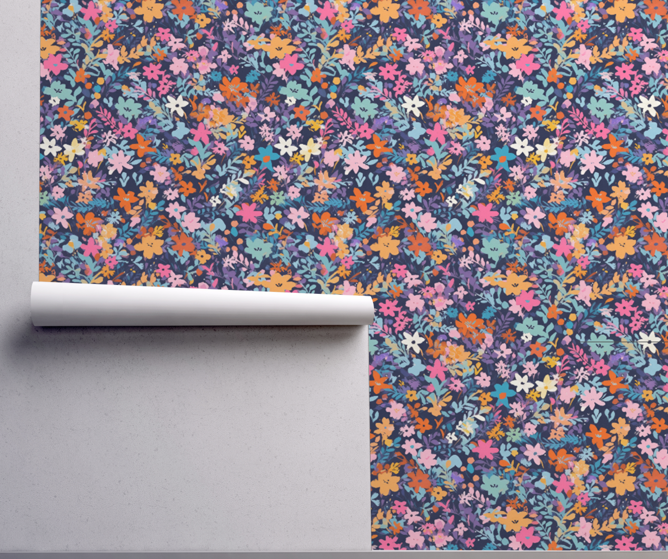 Fairy flower pattern Navy - Retro Flower Pattern Wallpaper Mural - Removable Wall decor - Nursery, Baby Girl