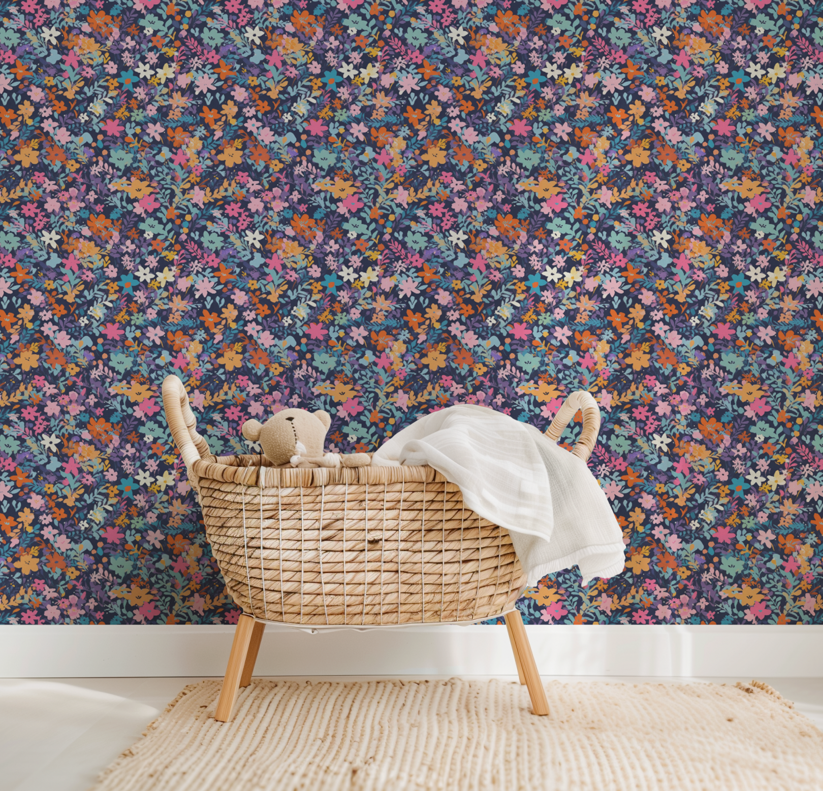 Fairy flower pattern Navy - Retro Flower Pattern Wallpaper Mural - Removable Wall decor - Nursery, Baby Girl 3