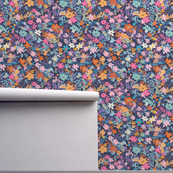 Fairy flower pattern Navy - Retro Flower Pattern Wallpaper Mural - Removable Wall decor - Nursery, Baby Girl