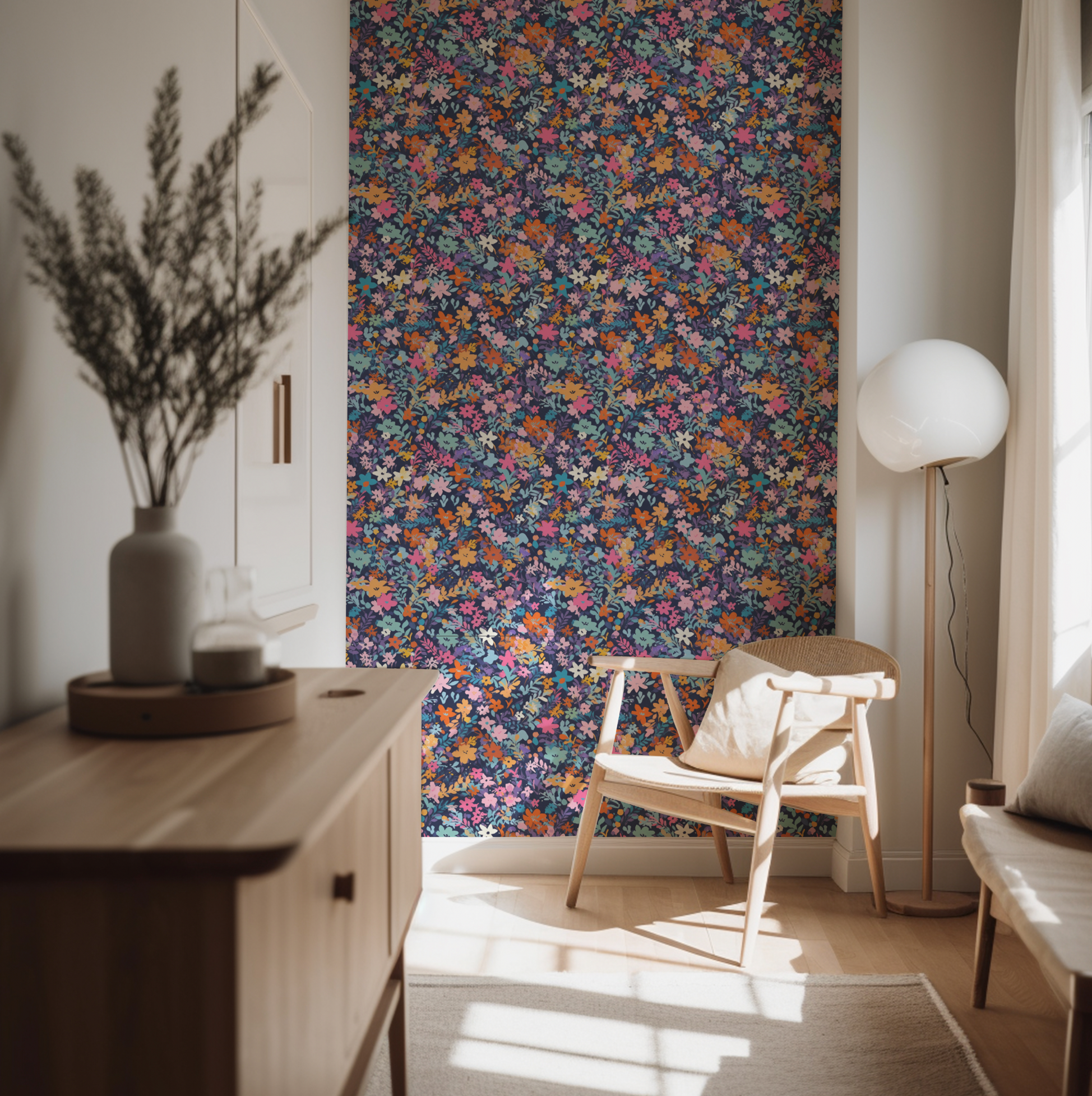 Fairy flower pattern Navy - Retro Flower Pattern Wallpaper Mural - Removable Wall decor - Nursery, Baby Girl 4