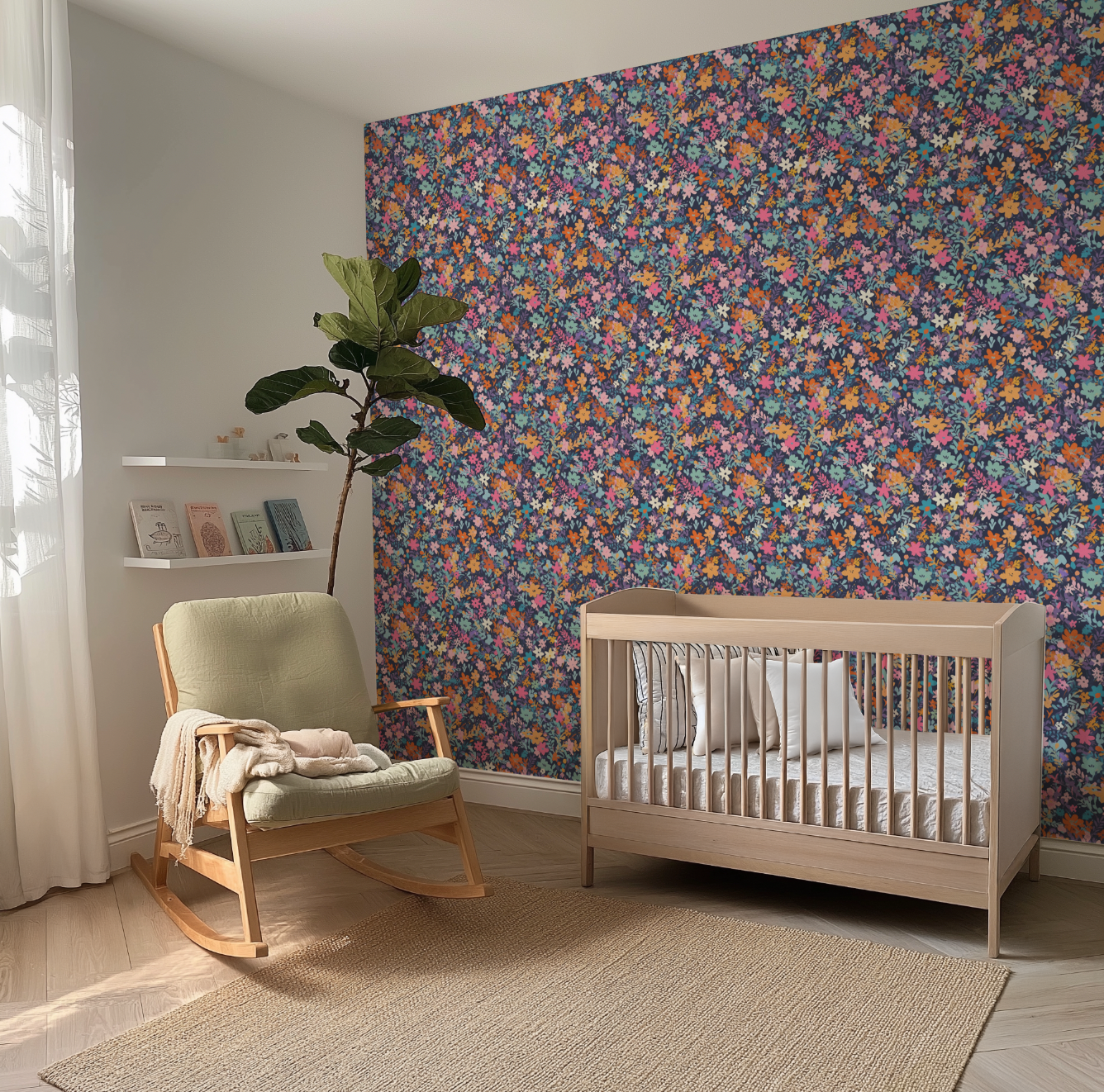 Fairy flower pattern Navy - Retro Flower Pattern Wallpaper Mural - Removable Wall decor - Nursery, Baby Girl 6