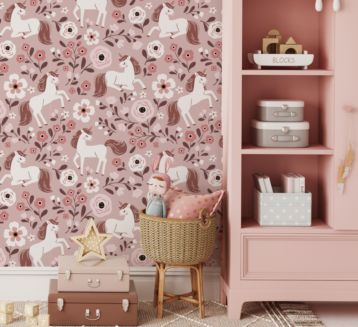 Fairytale Unicorn Magical Pink Pattern Mural - Peel and Stick or Traditional wallpaper Wall Mural - Deer Fawn Rabbits Bunny Princess