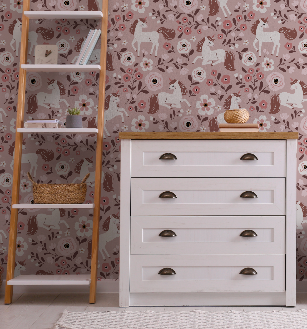 Fairytale Unicorn Magical Pink Pattern Mural - Peel and Stick or Traditional wallpaper Wall Mural - Deer Fawn Rabbits Bunny Princess 1