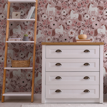 Fairytale Unicorn Magical Pink Pattern Mural - Peel and Stick or Traditional wallpaper Wall Mural - Deer Fawn Rabbits Bunny Princess 1