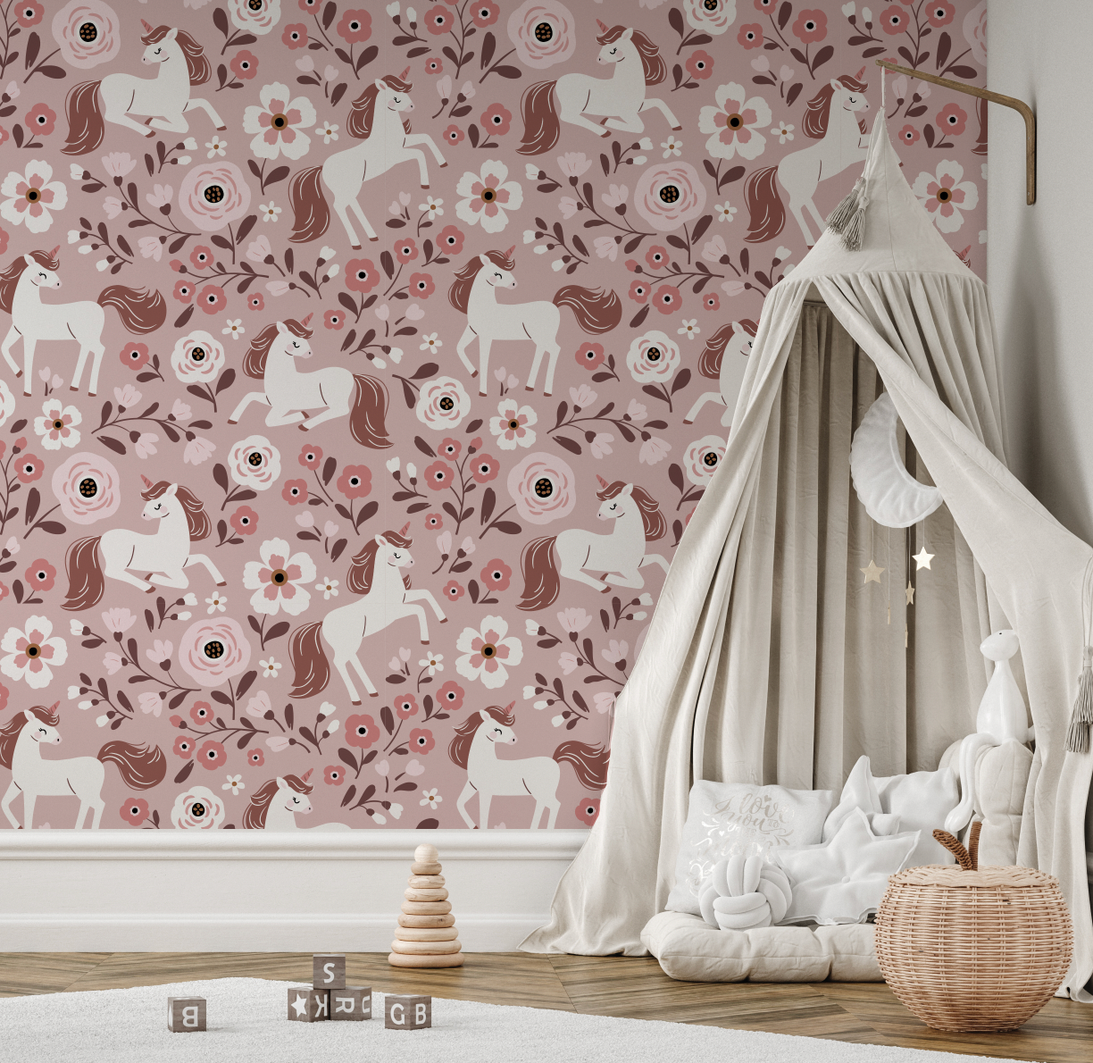 Fairytale Unicorn Magical Pink Pattern Mural - Peel and Stick or Traditional wallpaper Wall Mural - Deer Fawn Rabbits Bunny Princess 2
