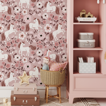 Fairytale Unicorn Magical Pink Pattern Mural - Peel and Stick or Traditional wallpaper Wall Mural - Deer Fawn Rabbits Bunny Princess