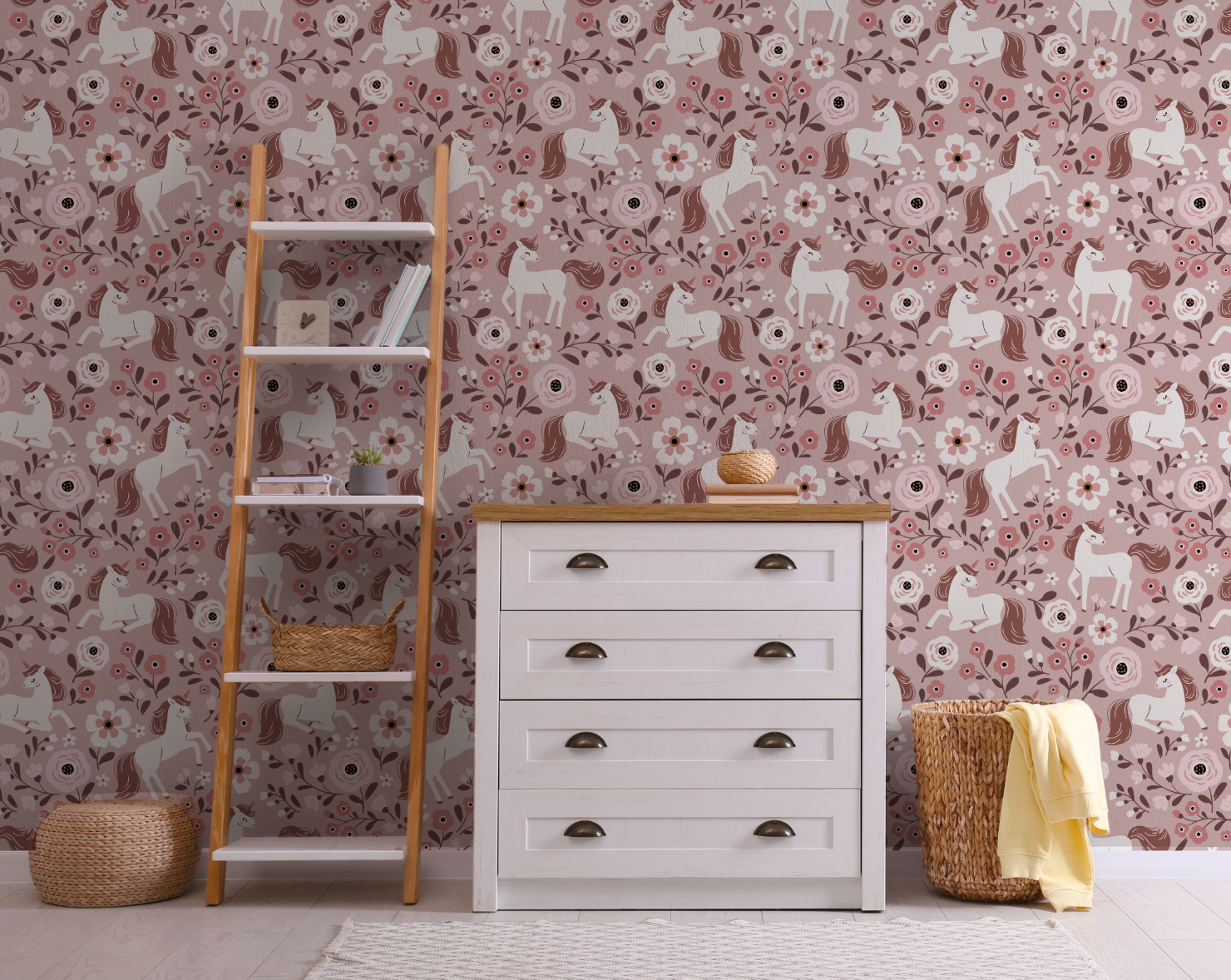 Fairytale Unicorn Magical Pink Pattern Mural - Peel and Stick or Traditional wallpaper Wall Mural - Deer Fawn Rabbits Bunny Princess 4