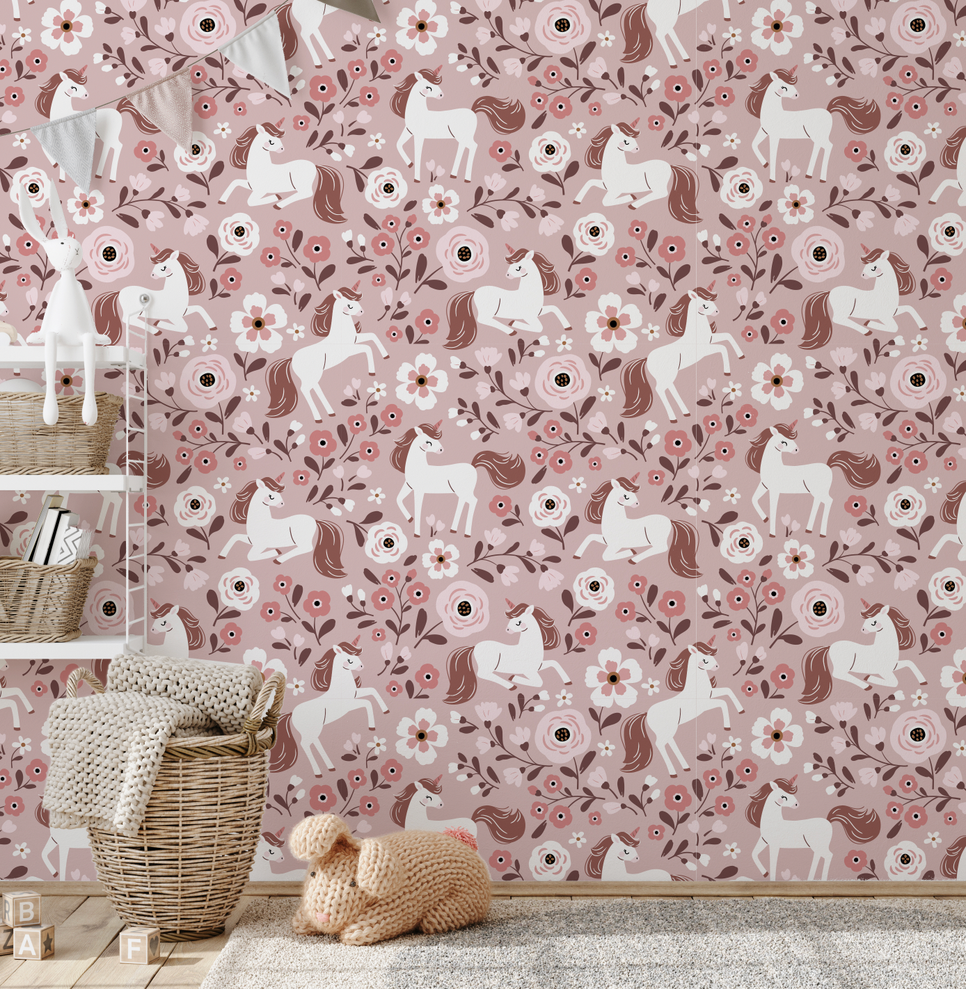 Fairytale Unicorn Magical Pink Pattern Mural - Peel and Stick or Traditional wallpaper Wall Mural - Deer Fawn Rabbits Bunny Princess 4