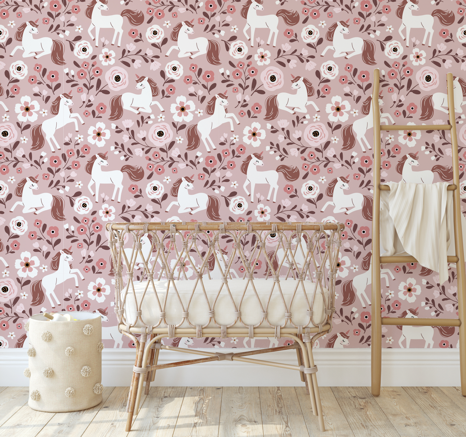 Fairytale Unicorn Magical Pink Pattern Mural - Peel and Stick or Traditional wallpaper Wall Mural - Deer Fawn Rabbits Bunny Princess 7
