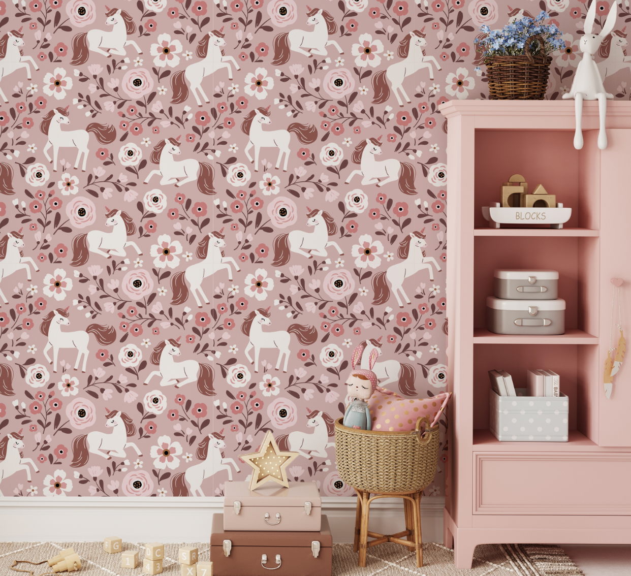 Fairytale Unicorn Magical Pink Pattern Mural - Peel and Stick or Traditional wallpaper Wall Mural - Deer Fawn Rabbits Bunny Princess 8