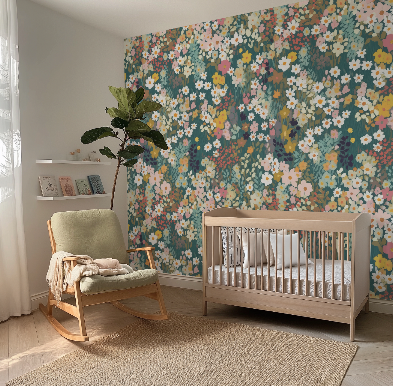 Green shades ditsy flowers - Retro Flower Pattern Wallpaper Mural - Removable Wall decor - Nursery, Baby Girl
