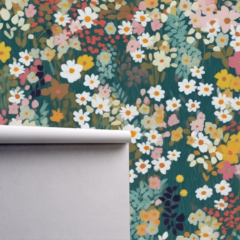 Green shades ditsy flowers - Retro Flower Pattern Wallpaper Mural - Removable Wall decor - Nursery, Baby Girl 1