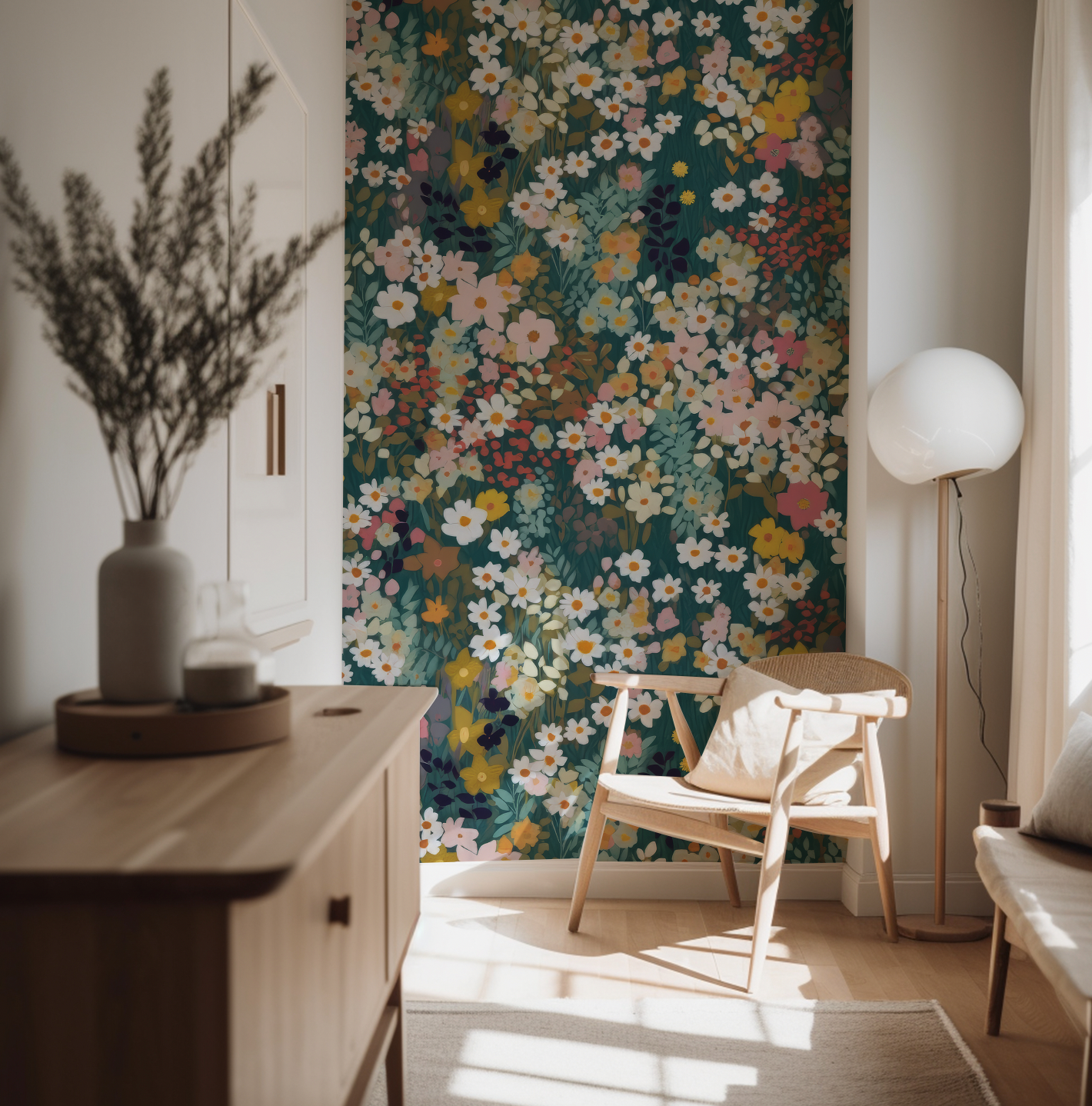 Green shades ditsy flowers - Retro Flower Pattern Wallpaper Mural - Removable Wall decor - Nursery, Baby Girl 4
