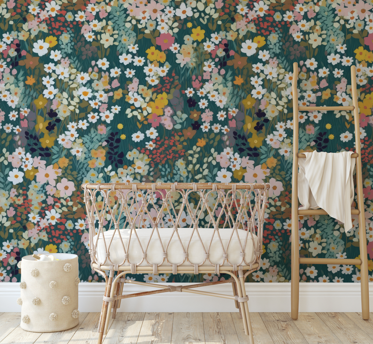 Green shades ditsy flowers - Retro Flower Pattern Wallpaper Mural - Removable Wall decor - Nursery, Baby Girl 5