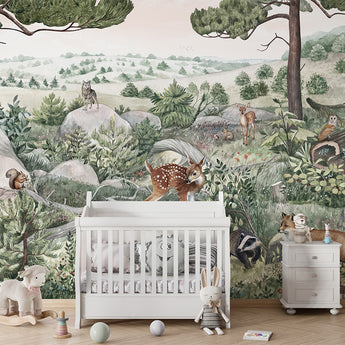 Kikki Belle Peel and Stick Woodland Forest Animals Nursery Baby Removable Wallpaper - Trees Bear Mountains Deer Rabbit Flowers Fox