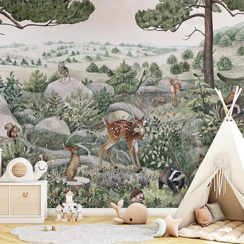 Kikki Belle Peel and Stick Woodland Forest Animals Nursery Baby Removable Wallpaper - Trees Bear Mountains Deer Rabbit Flowers Fox