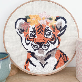 Punch Needle Kit For Beginners. Tiger with flower crown Craft Kit. Make Your Own. Personalised gift.