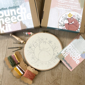 Punch Needle Kit For Beginners. Woodland Fox Sleeping in flowers Craft Kit. Make Your Own. Personalised gift.