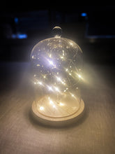 Large Vintage Glass Display Cloche Bell Jar Dome with Wooden Base - Copper Lights included - AAA Batteries required