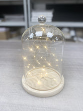 Large Vintage Glass Display Cloche Bell Jar Dome with Wooden Base - Copper Lights included - AAA Batteries required