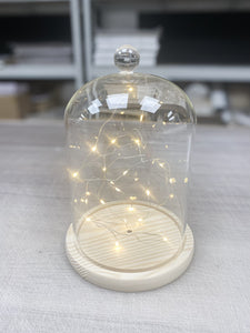 Large Vintage Glass Display Cloche Bell Jar Dome with Wooden Base - Copper Lights included - AAA Batteries required